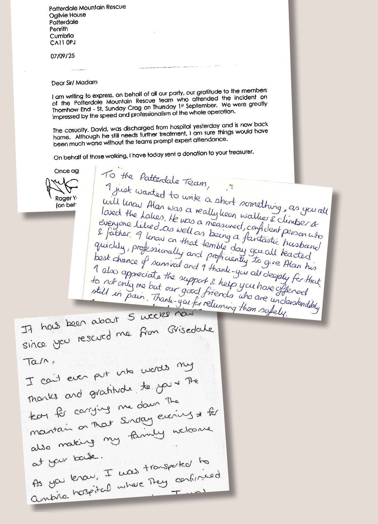 Letters and handwritten cards of thanks sent to the team by people it has helped and their families